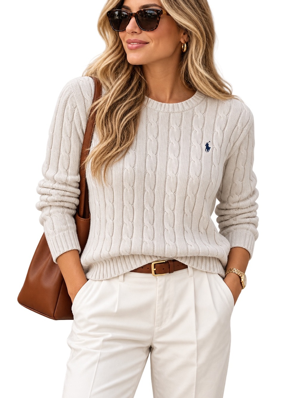 Polo by Ralph Lauren Cream Cable-Knit Preppy Old Money Sweater 100% Cotton S
